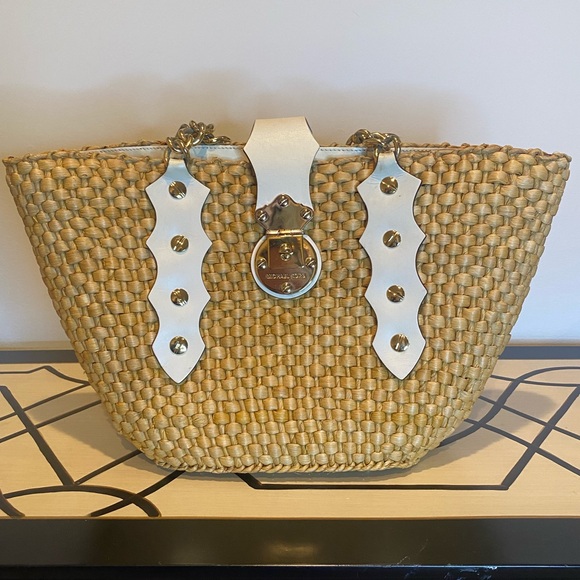 Michael Kors Vintage Woven Tote Bag White Leather Gold Hardware Spring/Summer - Picture 10 of 14